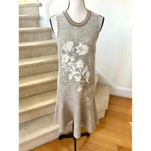 Vintage Anthropologie Knitted Knotted Grey Wool Shift Floral Sweater Dress Twee